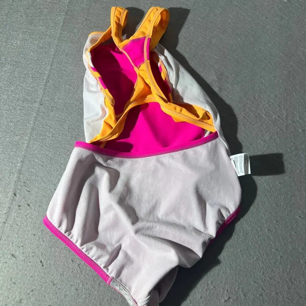 Speedo Girls Size 14 Pink Orange White Colorblock Racerback One Piece Swimsuit